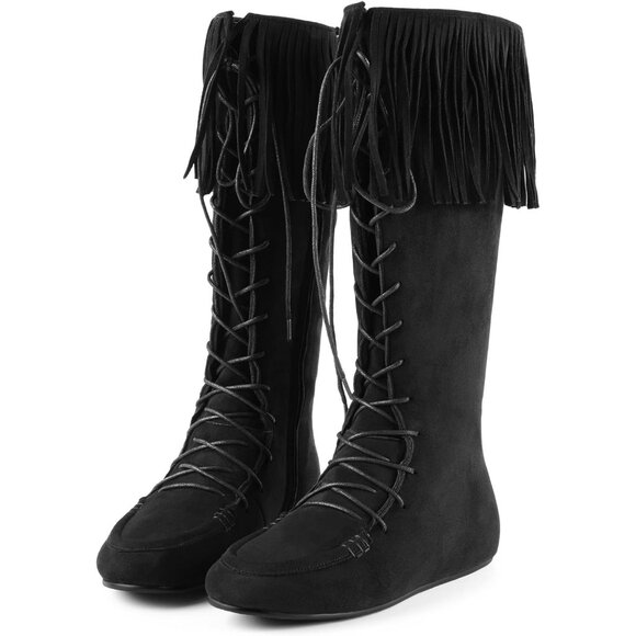 ⚡Women's Black Lace Up Suede Knee High Flat Boots with Zipper Mid Calf - Picture 1 of 6